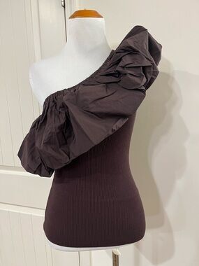 Marie Oliver One-Shoulder Ruffle Knit Top in Dark Brown
